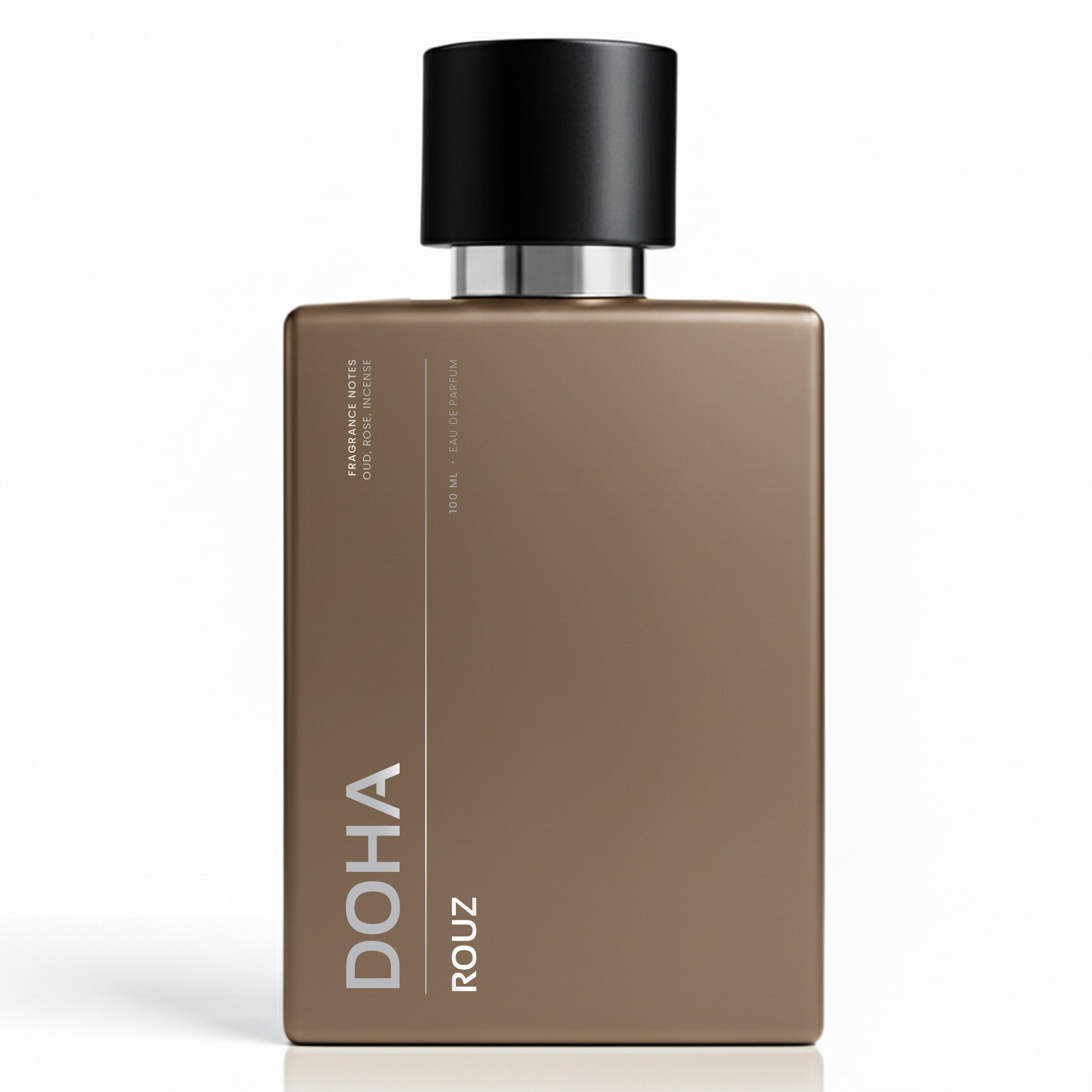 Brown perfume bottle with black cap on a white background