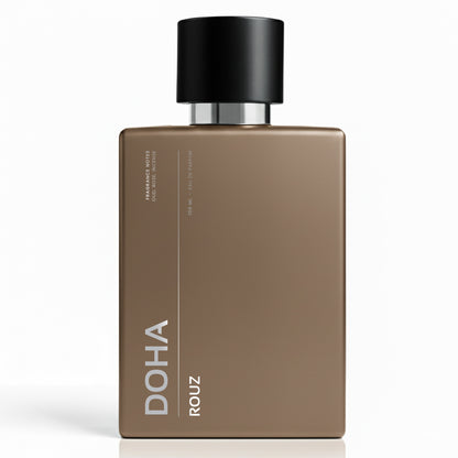 Brown perfume bottle with black cap on a white background