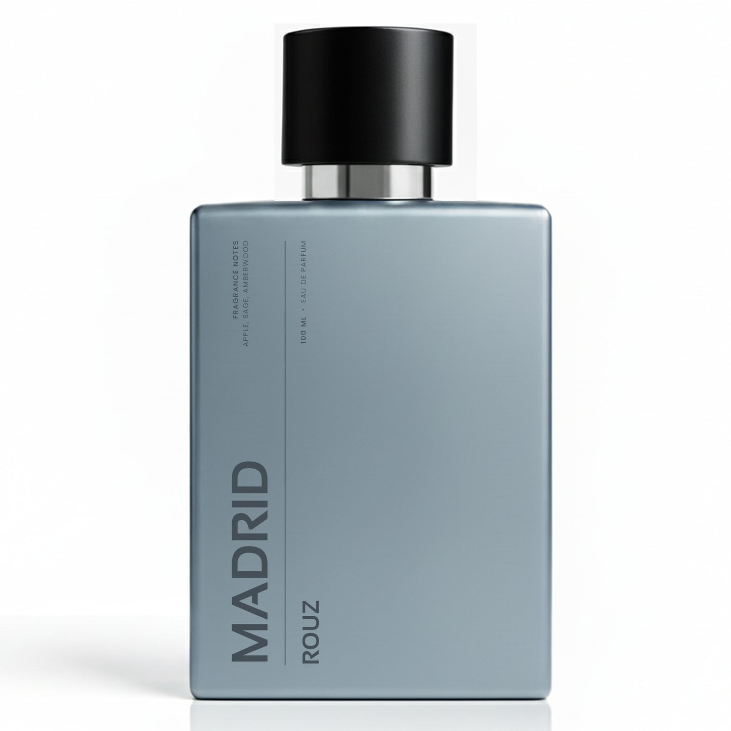 Perfume bottle with 'Madrid' branding on a white background