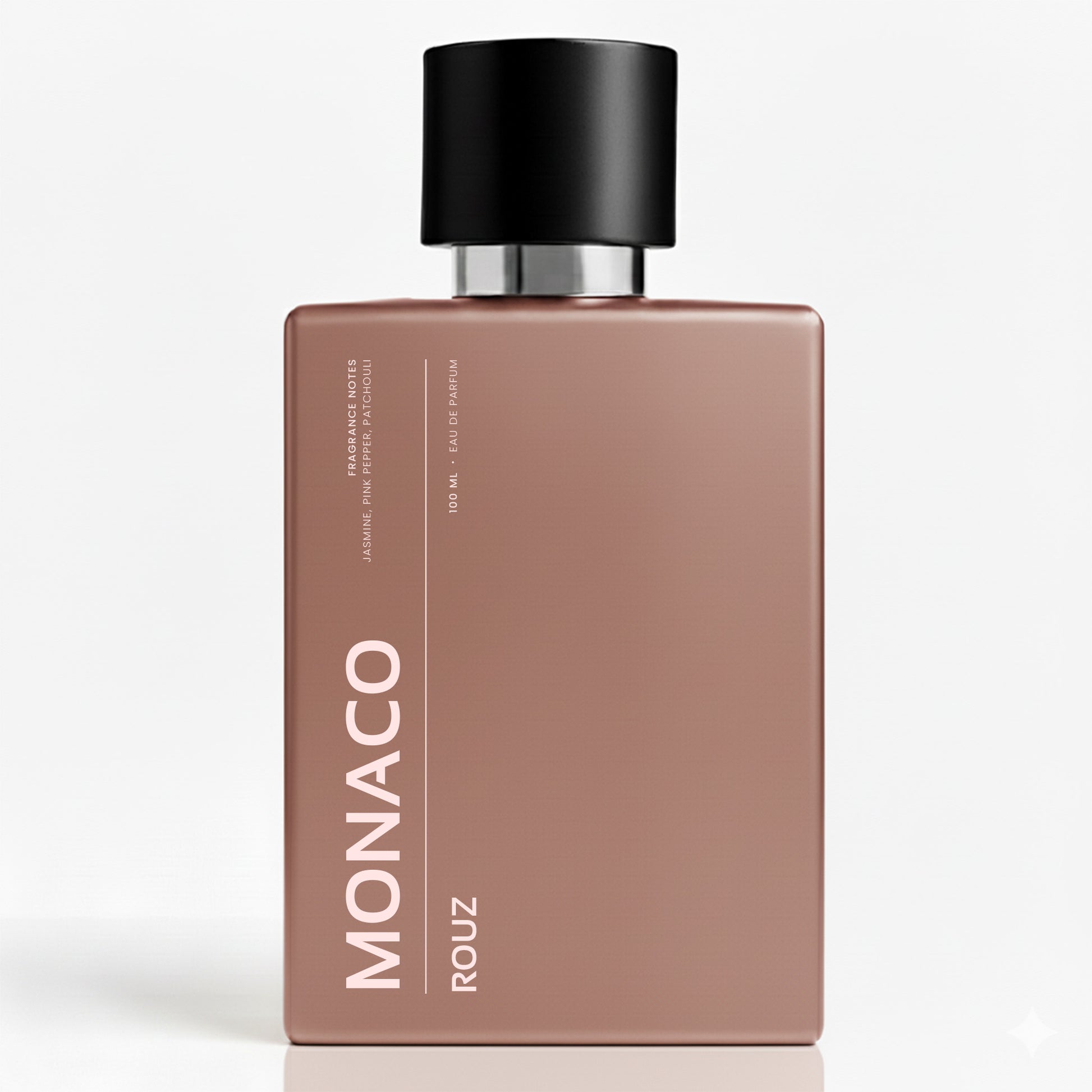 Brown perfume bottle with black cap on a white background